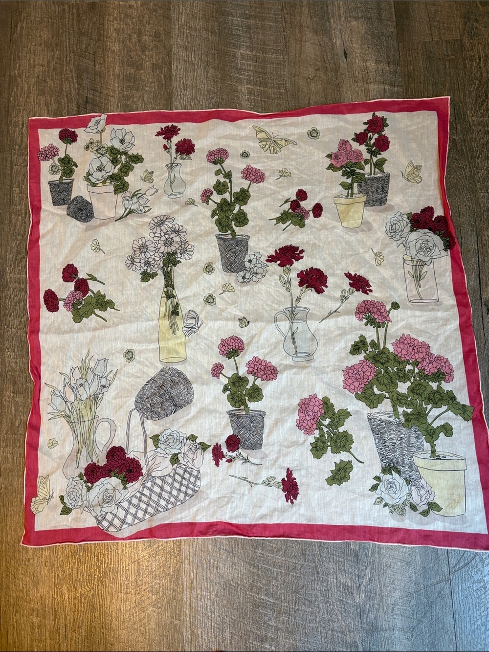 Talbots Vintage Butterfly and Floral Vase Pot White Square Scarf Wrap